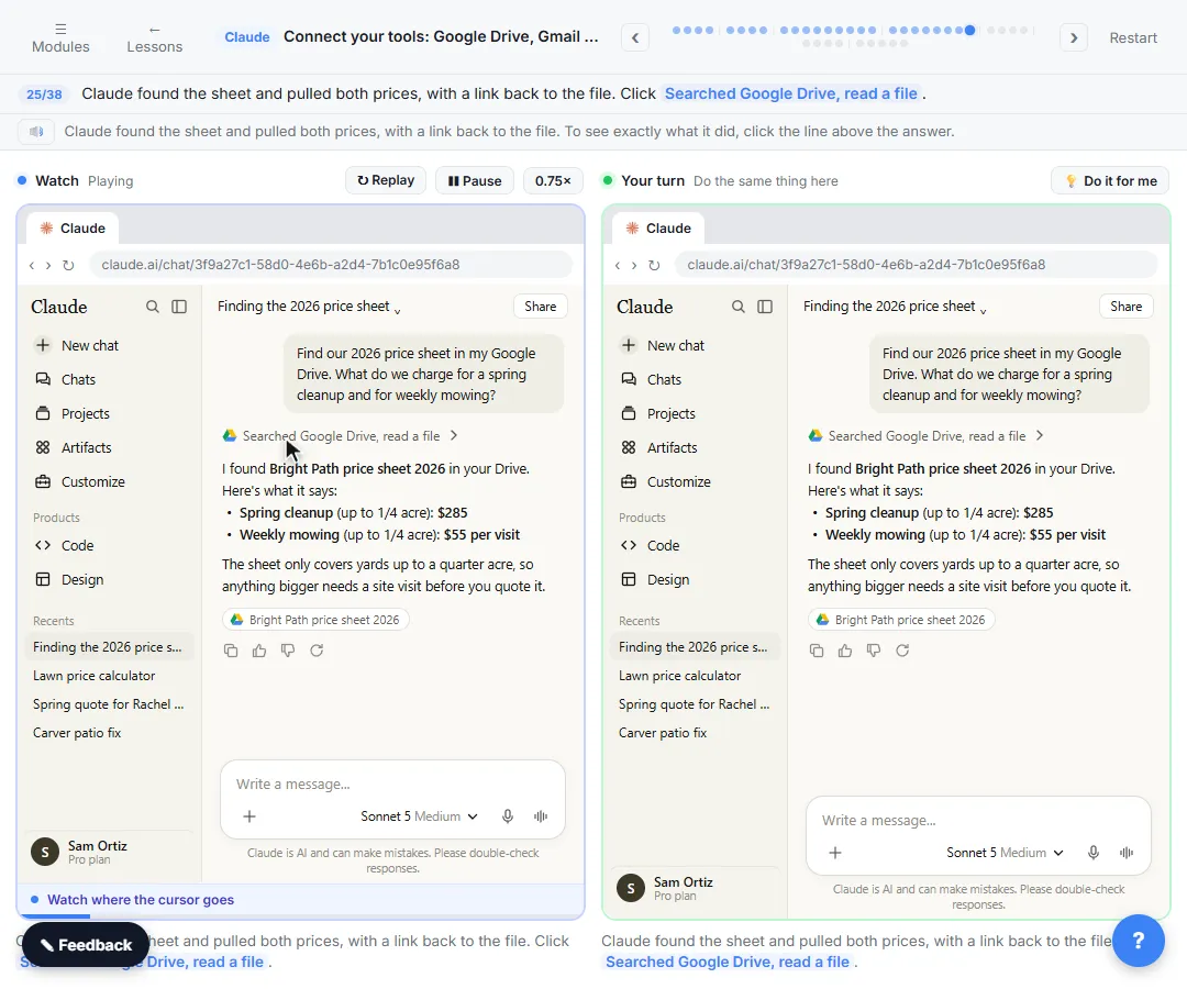 Claude answering from a price sheet it found in Google Drive, with a link back to the file