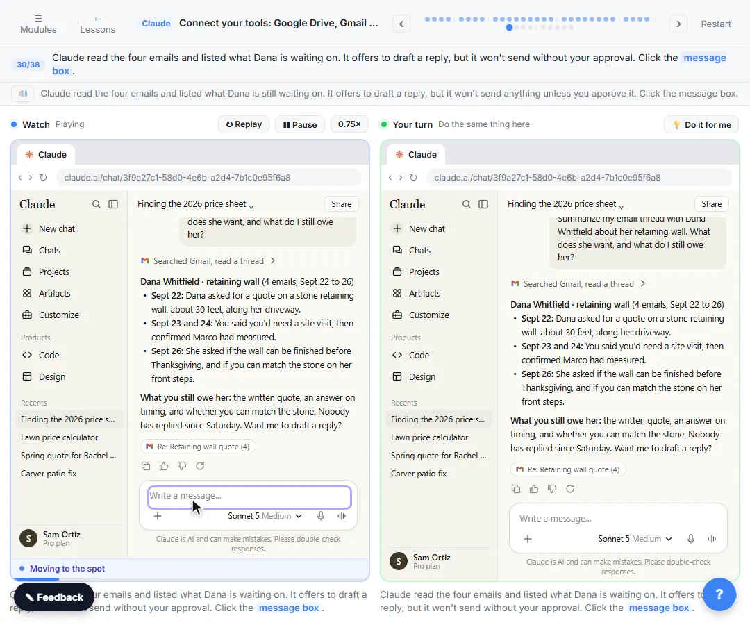 Claude summarizing a four-email Gmail thread about a retaining wall quote and what the customer is waiting on