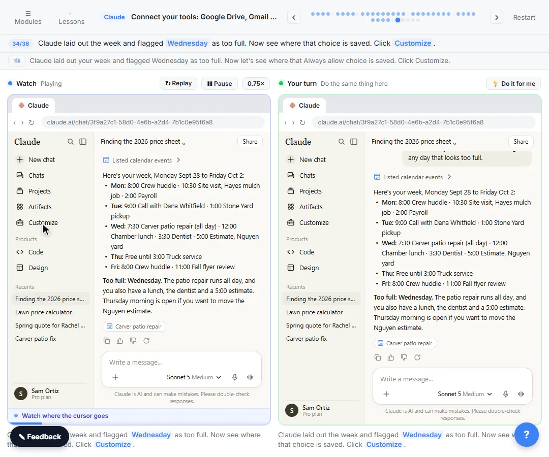 Claude listing the week's Google Calendar events day by day and flagging Wednesday as too full
