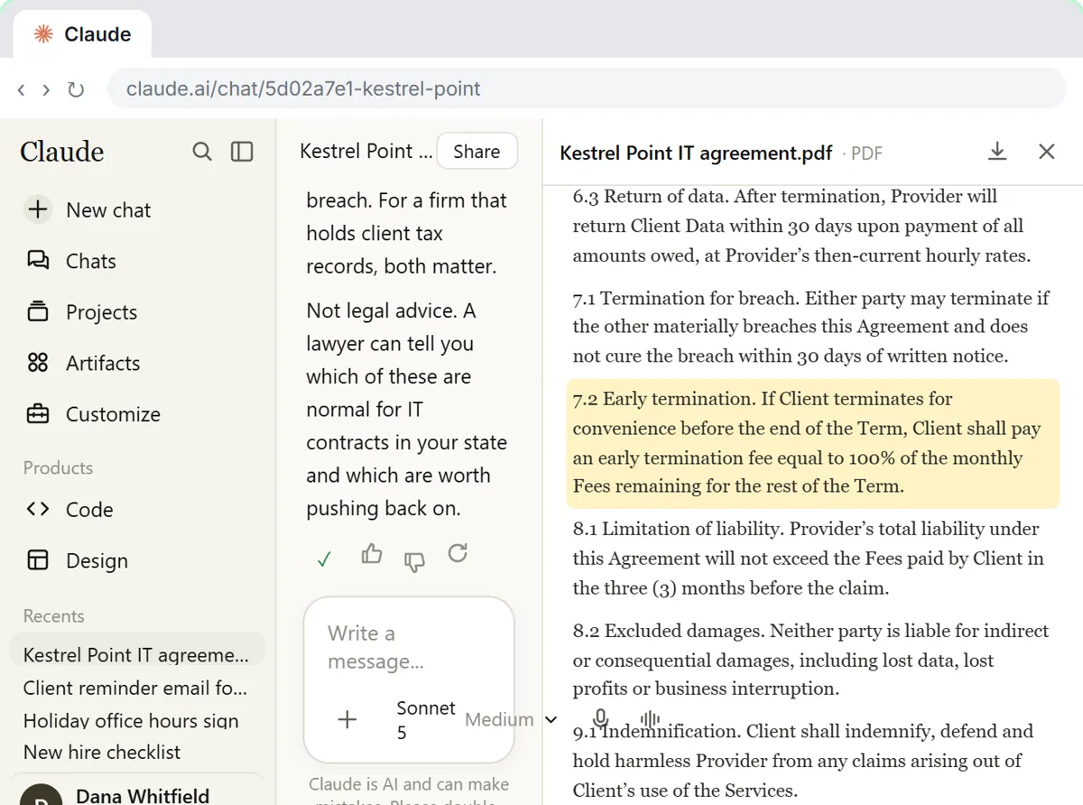 The uploaded contract opened next to the chat, with clause 7.2 on early termination highlighted to check Claude's quote