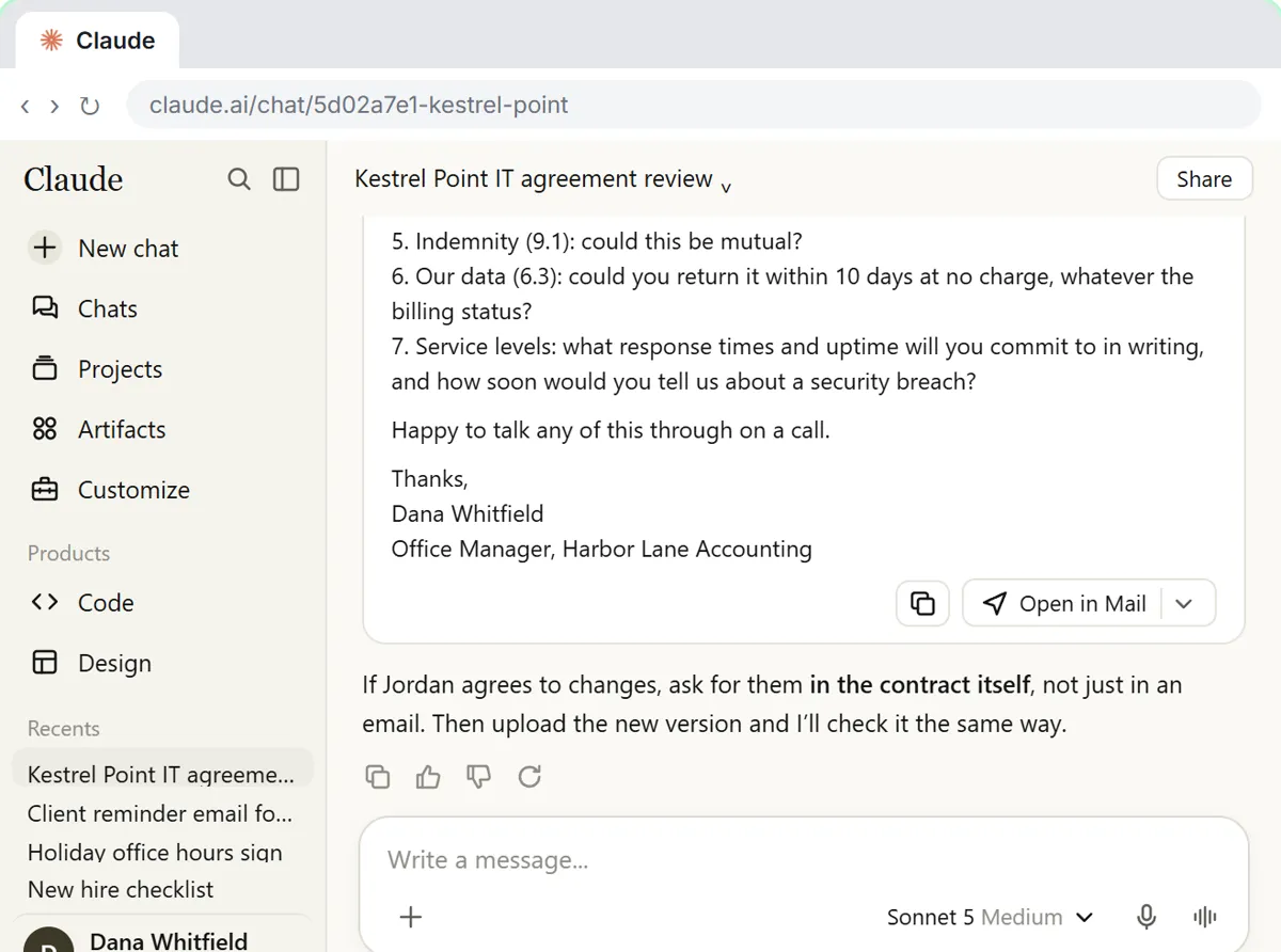 An email Claude drafted to the IT vendor with seven questions before signing, each tied to a clause number