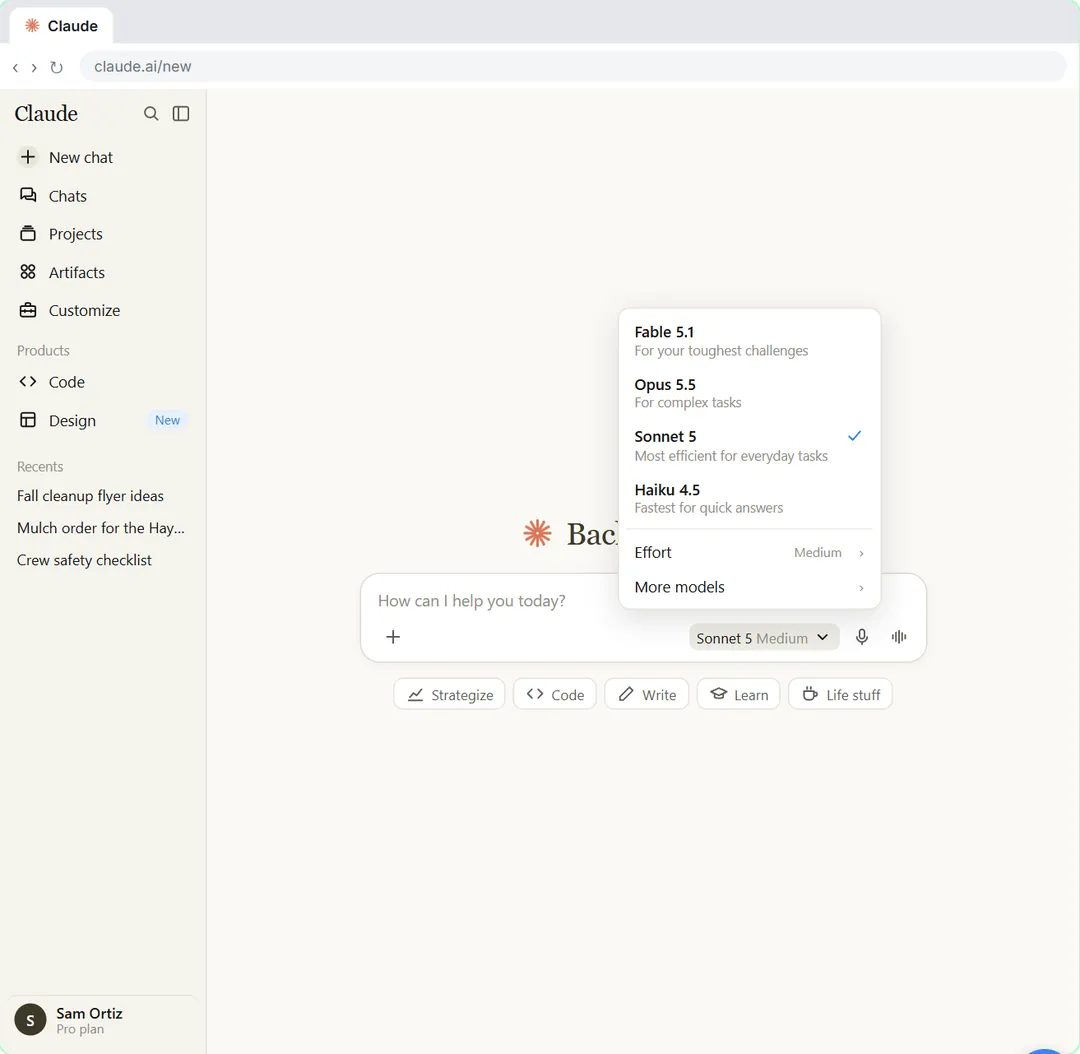 Claude.ai new chat with the model picker open, showing models and the Effort setting