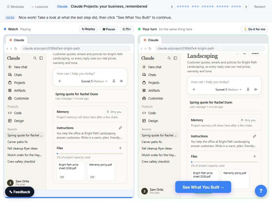 Claude project page showing the saved chat, project instructions and the price sheet and warranty files