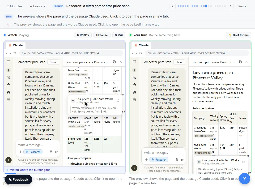 Claude research report on lawn care prices with a citation preview showing the source page and passage