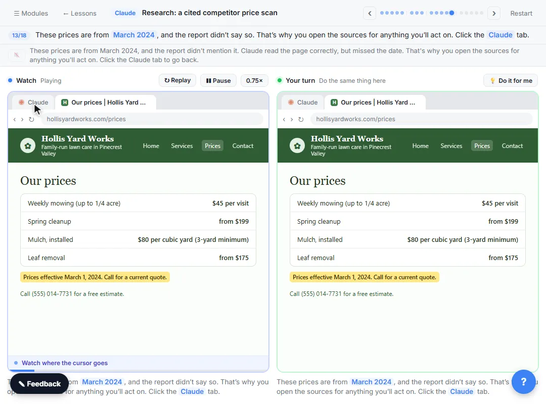 Competitor lawn care prices page opened from Claude's citation, showing prices effective March 2024