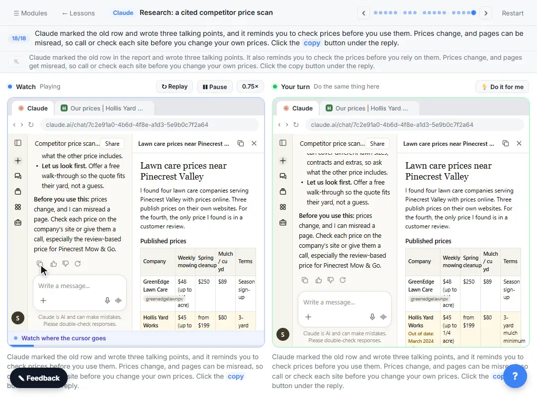 Claude research report table of competitor prices with the out-of-date row flagged and tips before using it