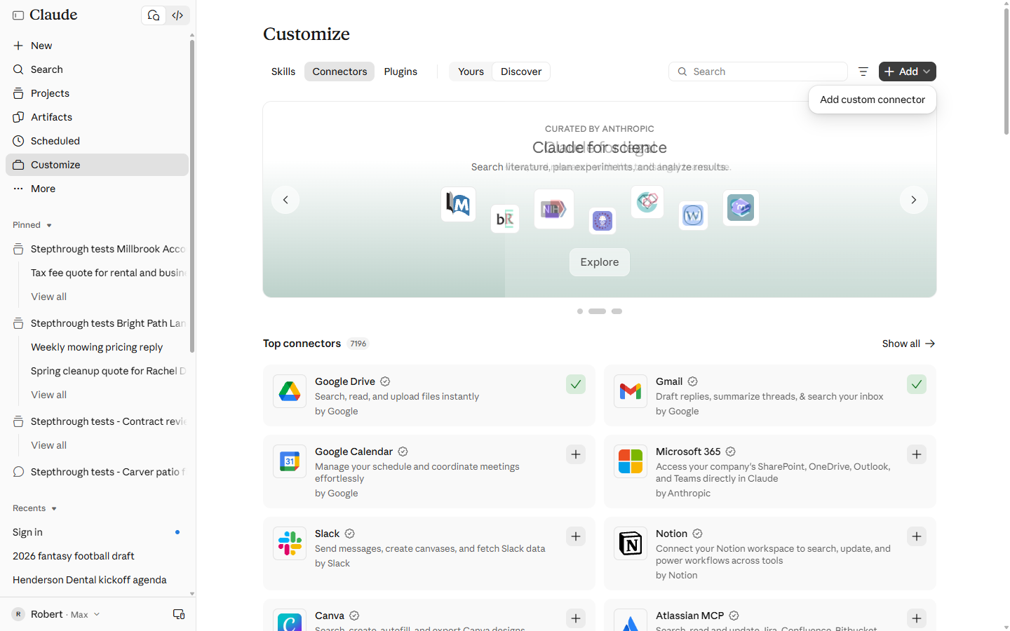 Claude Customize page, Connectors tab, with the Add menu open on Add custom connector