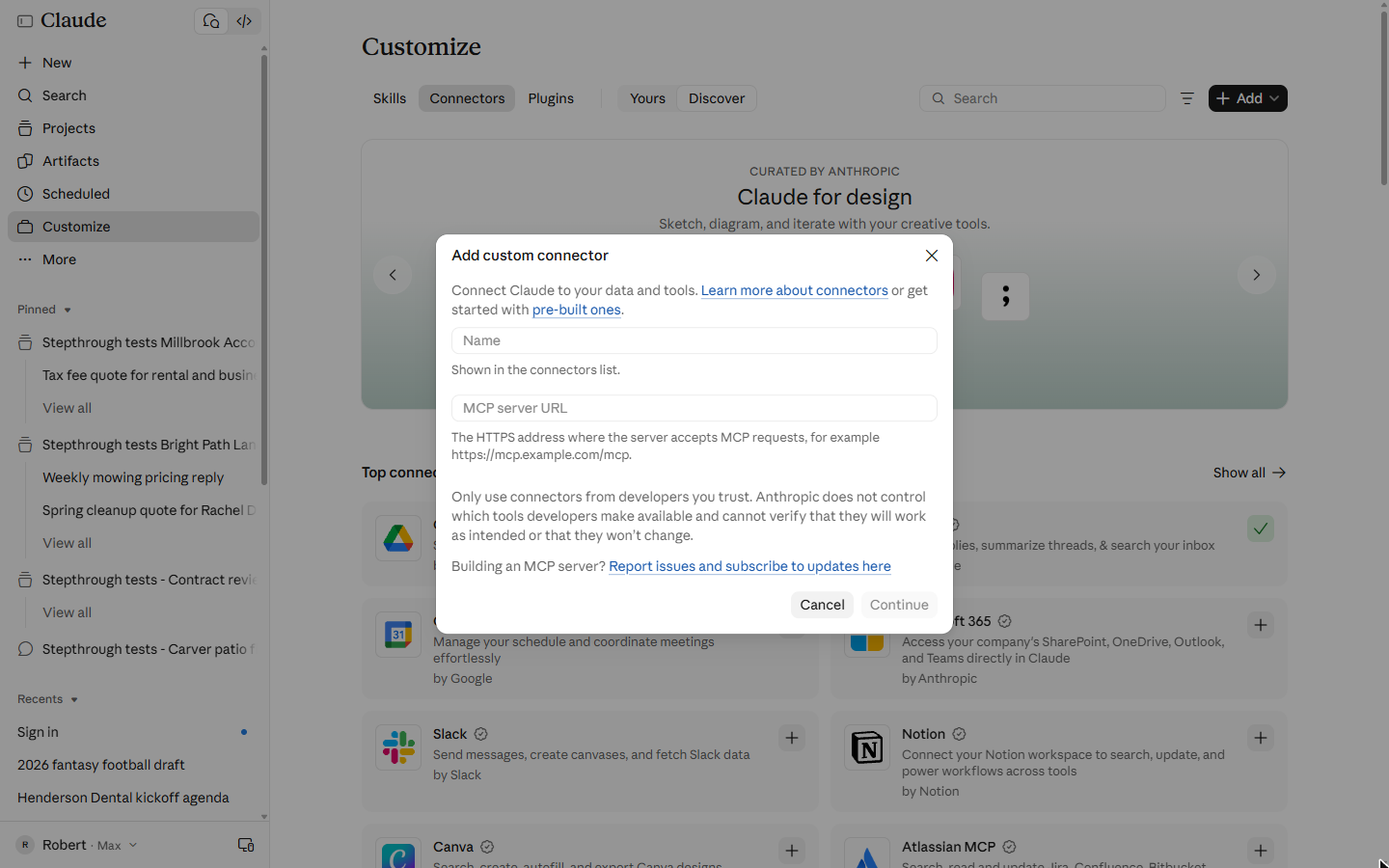 Claude Add custom connector dialog with empty Name and MCP server URL boxes