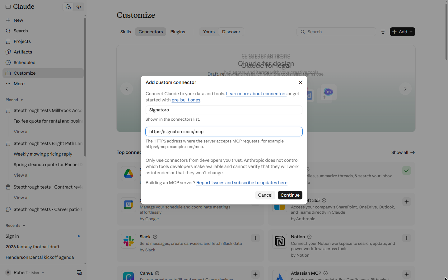 Add custom connector dialog with Name Signatoro and MCP server URL https://signatoro.com/mcp, Continue enabled
