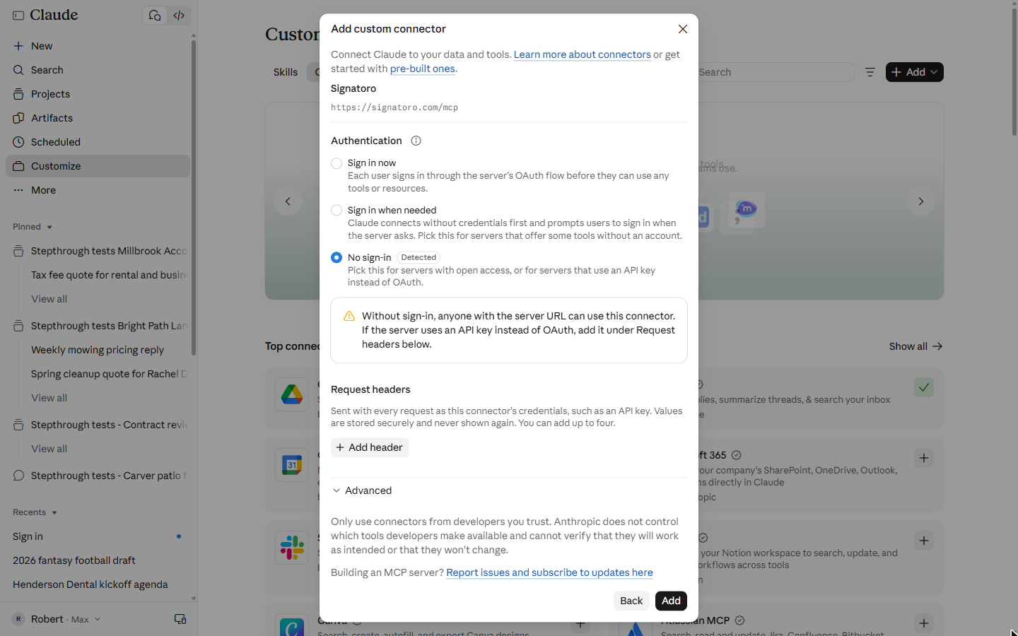 Authentication step with No sign-in detected and the Sign in now option