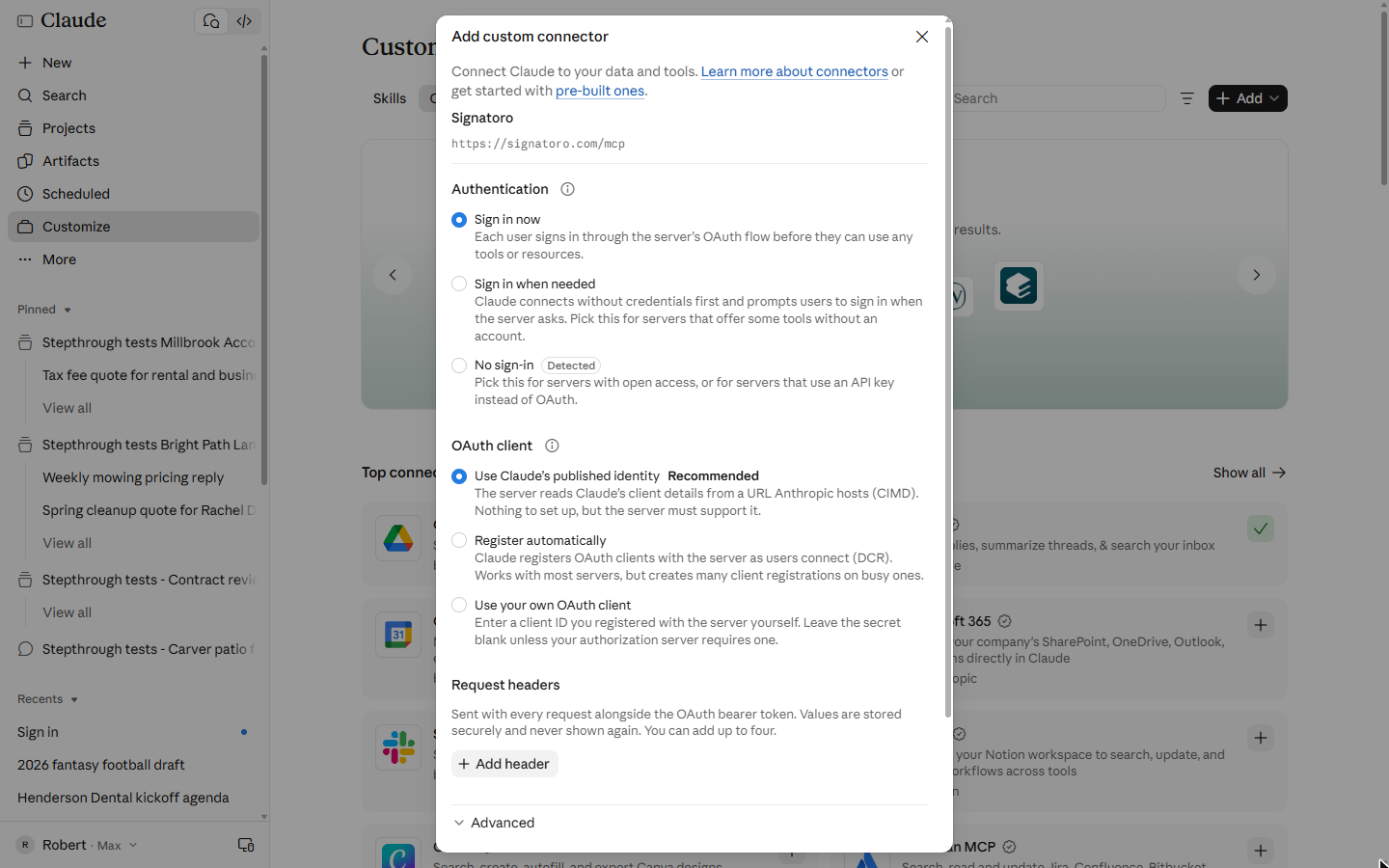 Sign in now selected, OAuth client set to Use Claude published identity (Recommended)