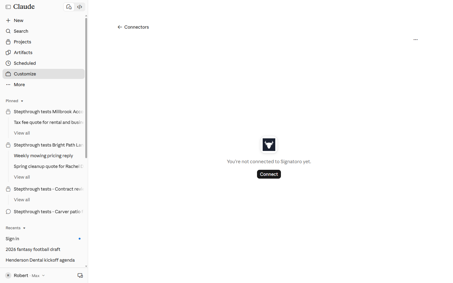 Signatoro connector page in Claude: You are not connected to Signatoro yet, with a Connect button