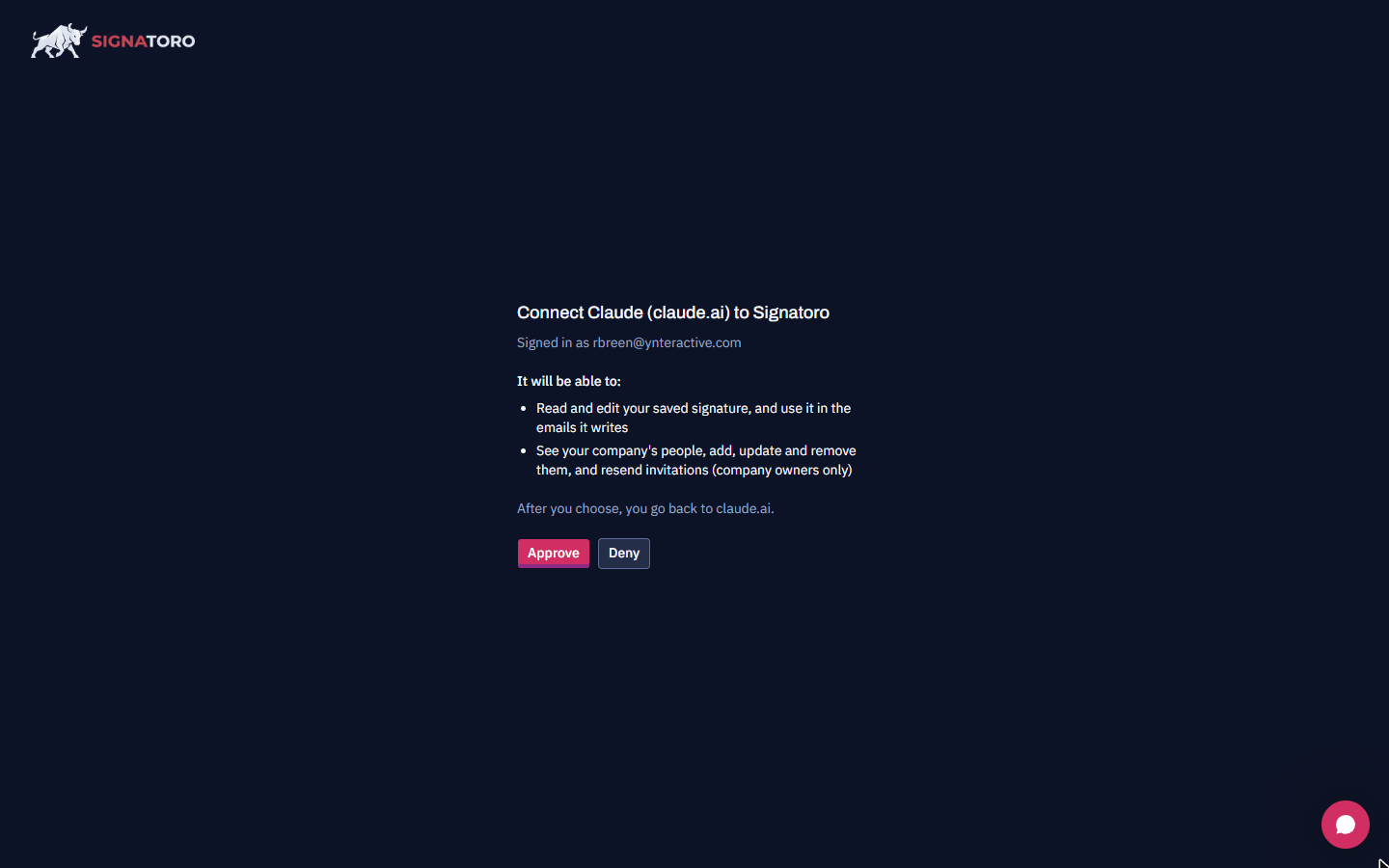 Signatoro page asking to connect Claude, listing what it will be able to do, with Approve and Deny