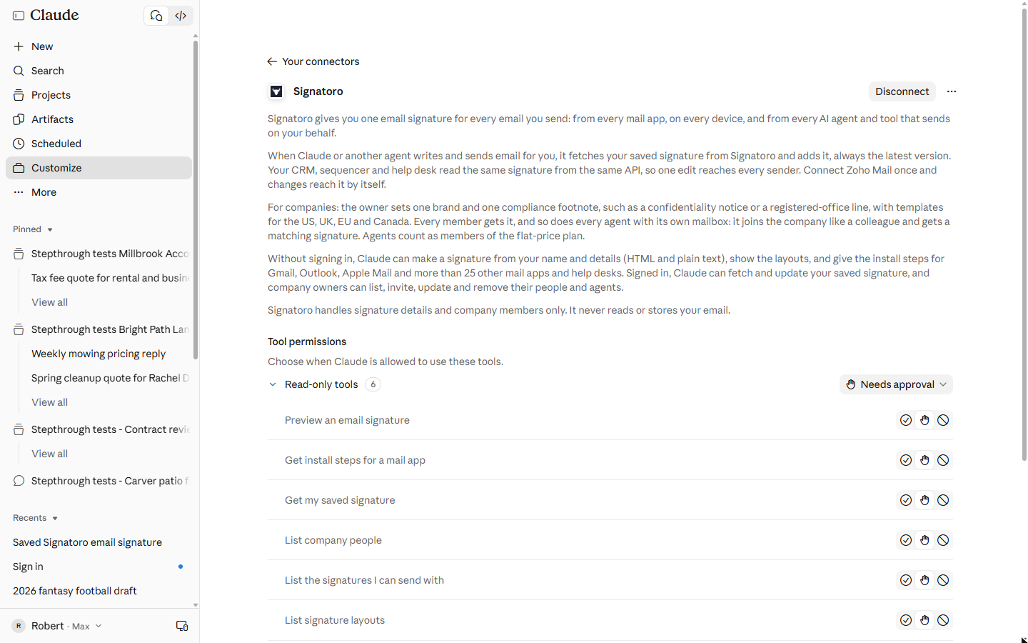 Signatoro connector in Claude with tool permissions: six read-only tools set to Needs approval