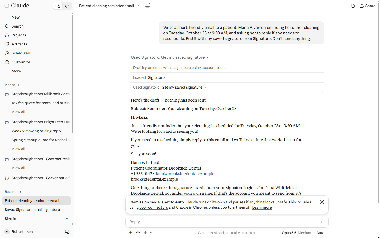 Claude tool steps expanded: Loaded Signatoro, then Used Signatoro Get my saved signature