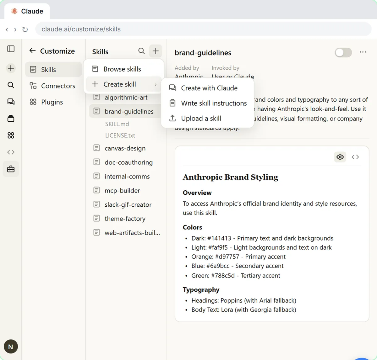 Claude Customize > Skills Create skill menu with the Create with Claude option