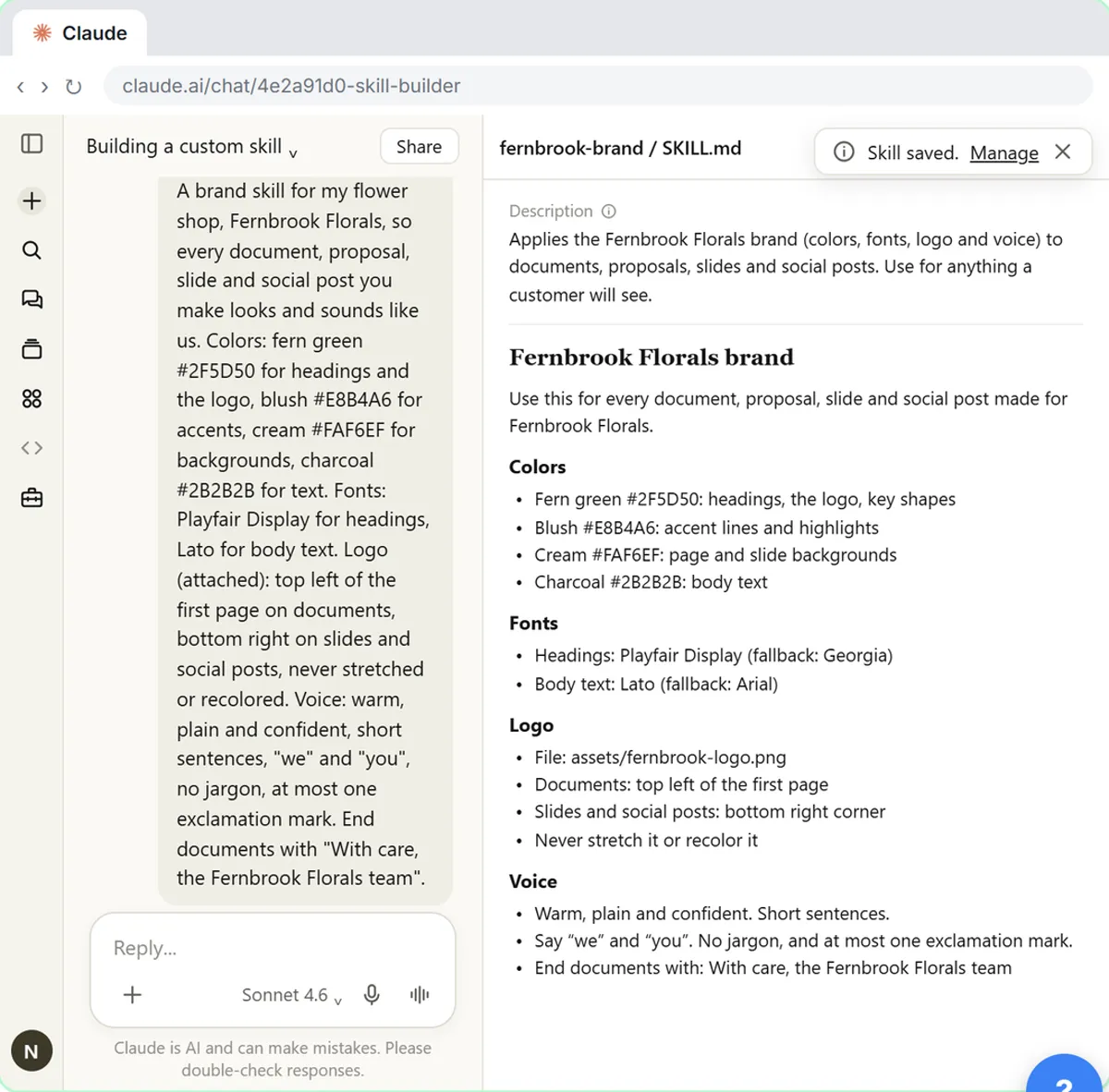 Saved fernbrook-brand SKILL.md in Claude listing brand colors, fonts, logo rules and voice
