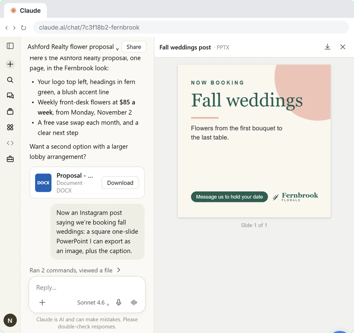On-brand Fall weddings social post slide Claude created with the brand skill