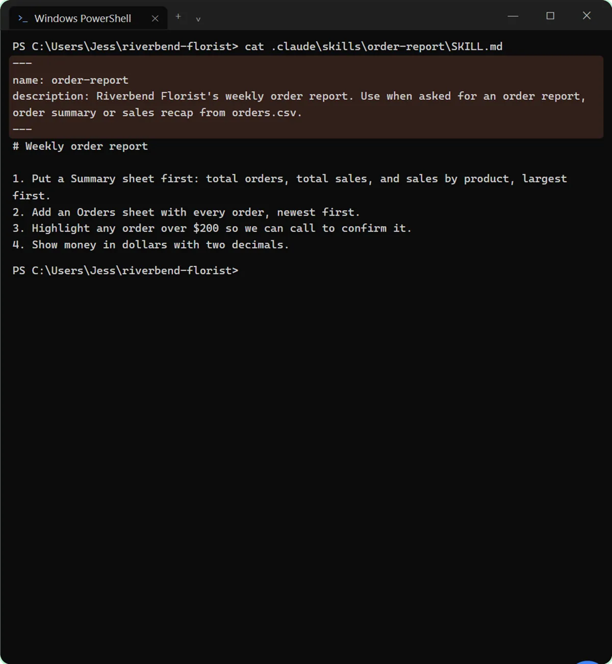 PowerShell showing a project SKILL.md for a florist's weekly order report skill