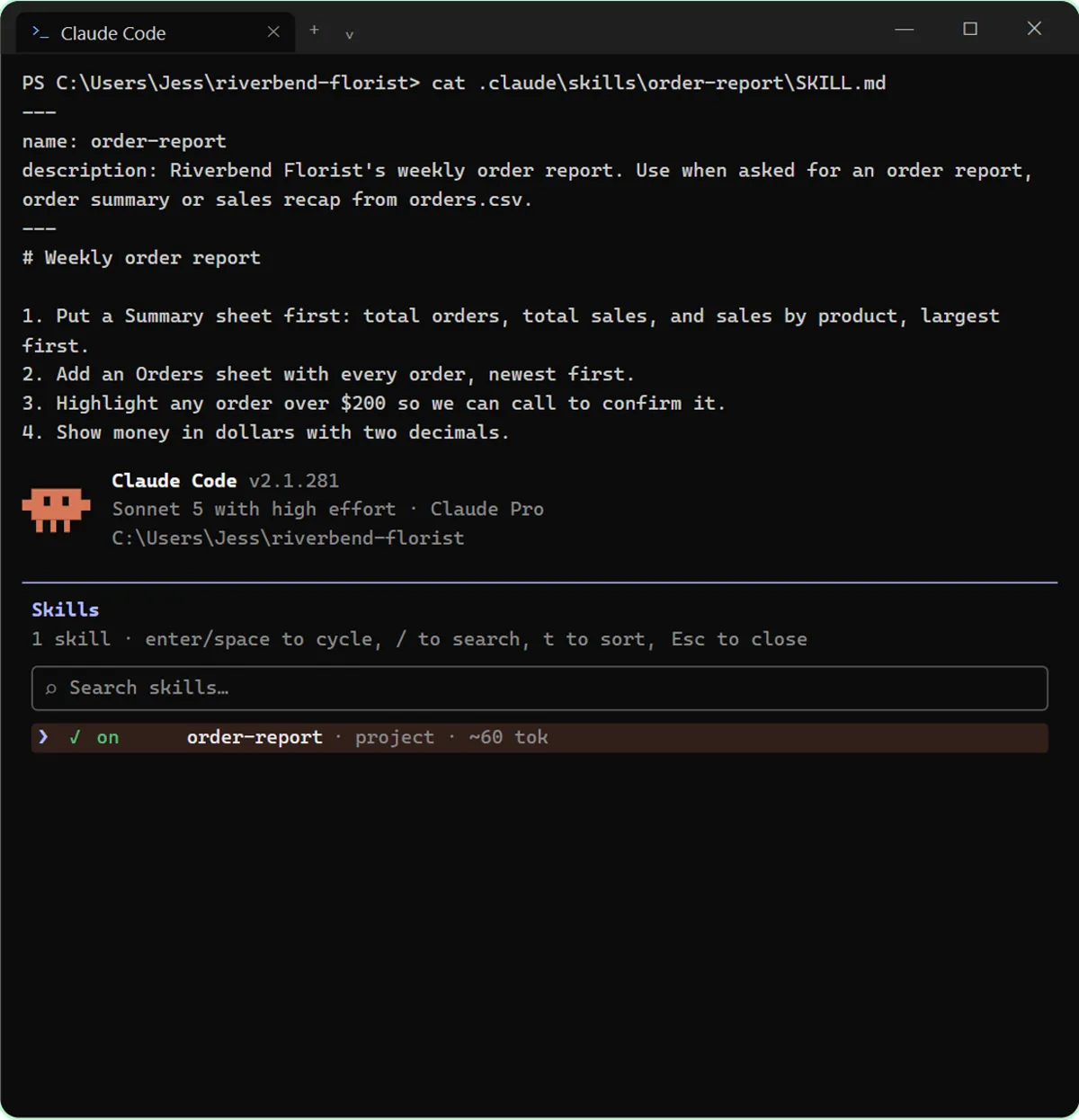 Claude Code /skills list showing the order-report project skill switched on