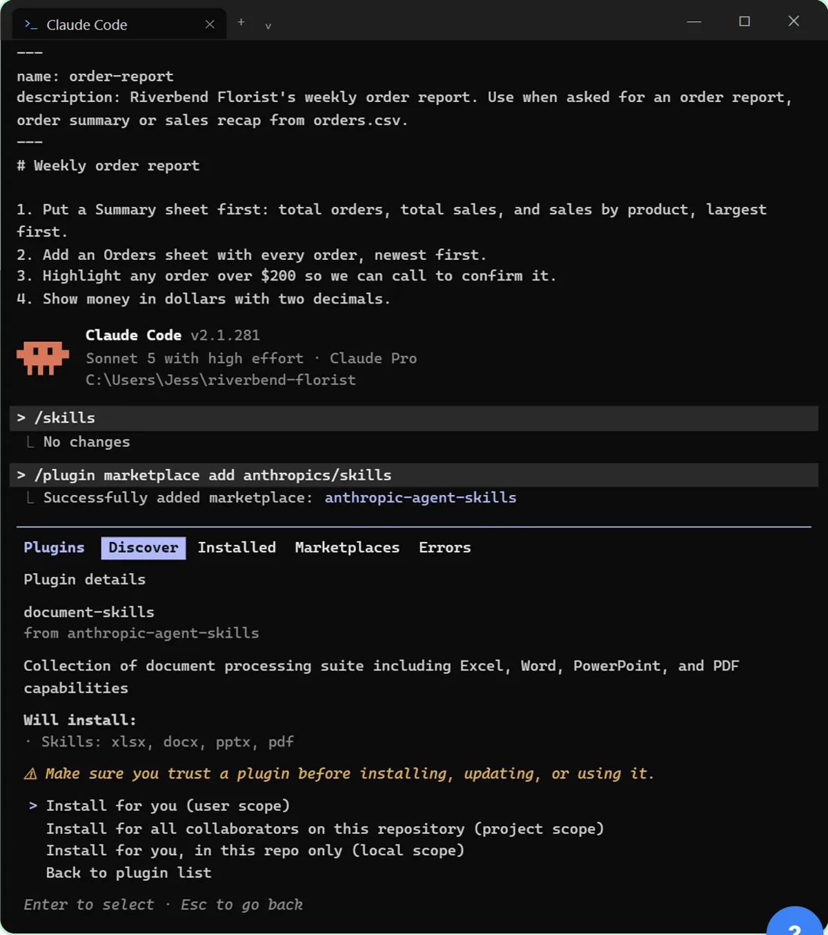 Claude Code plugin details for document-skills from the anthropic-agent-skills marketplace