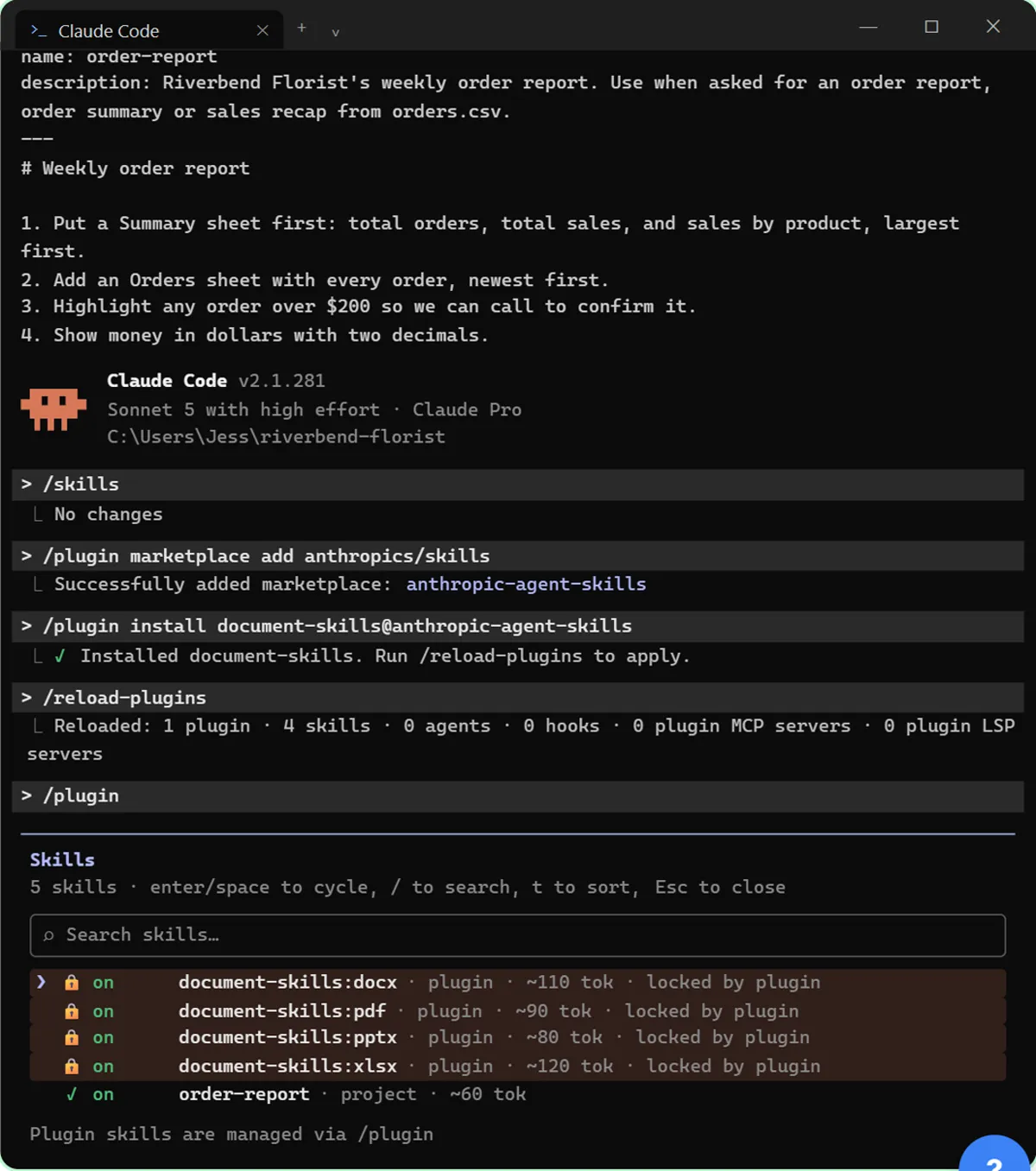 Claude Code skills list after install: docx, pdf, pptx and xlsx plugin skills plus order-report