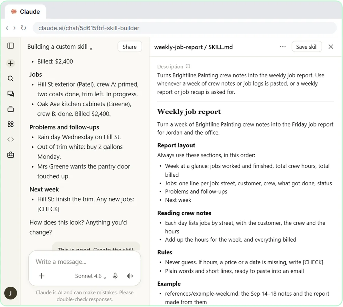 Draft weekly-job-report SKILL.md in Claude with report layout, rules and an example
