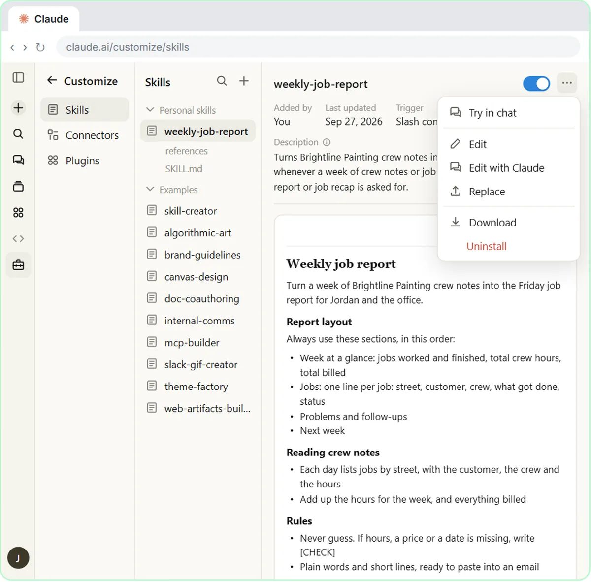 Claude Customize > Skills with the saved weekly-job-report skill switched on