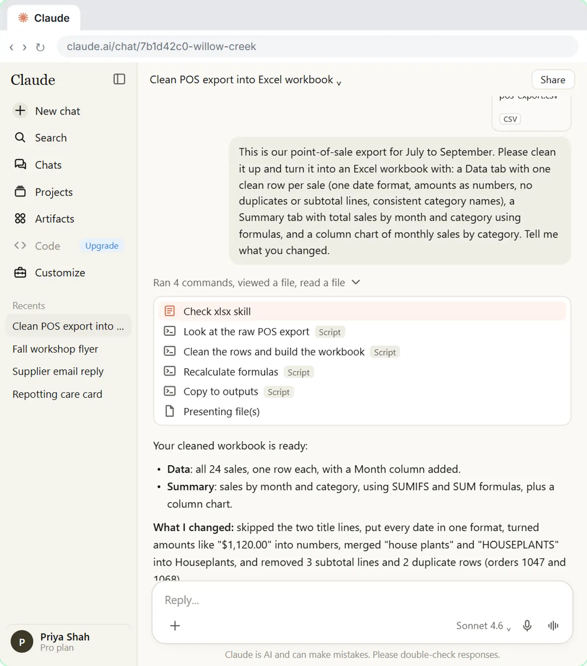Claude using the xlsx skill to clean the POS export and build an Excel workbook