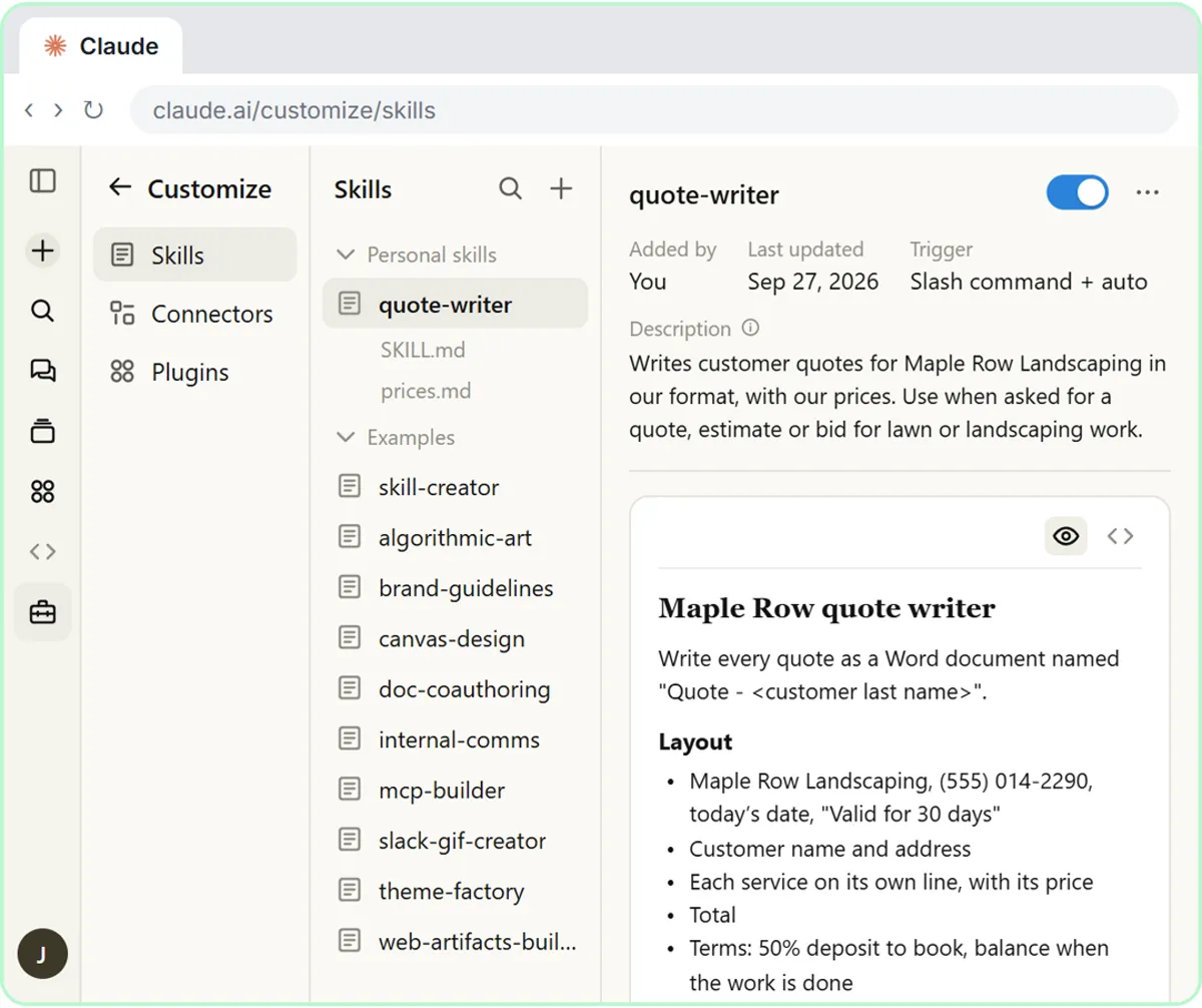Claude Customize > Skills showing the uploaded quote-writer skill switched on