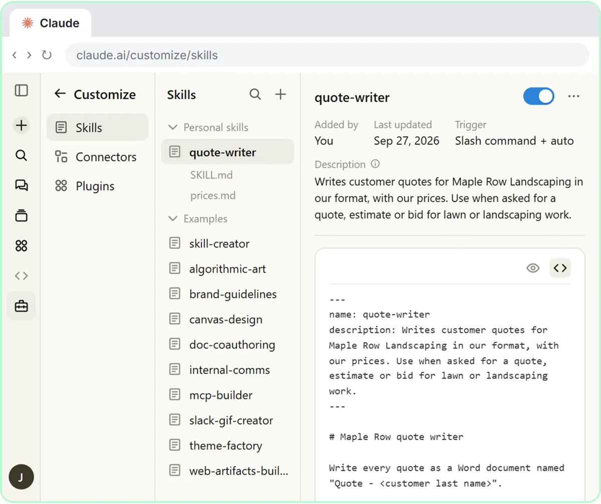 Raw SKILL.md of the quote-writer skill with its name and description in YAML