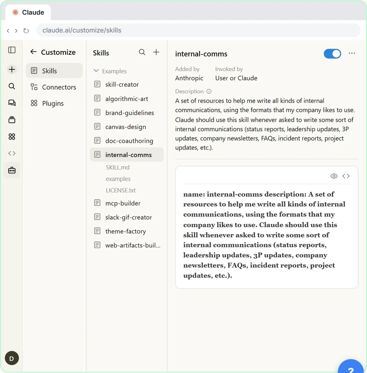 Claude Customize > Skills page with the internal-comms example skill switched on
