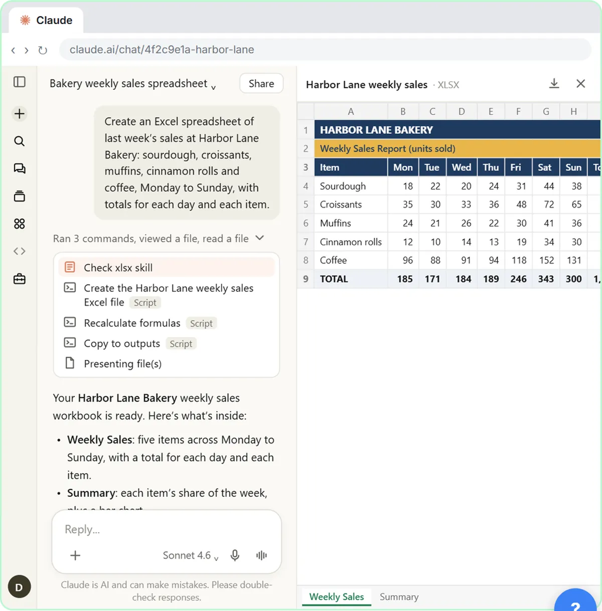 Excel workbook preview in Claude showing Harbor Lane Bakery weekly sales with daily totals