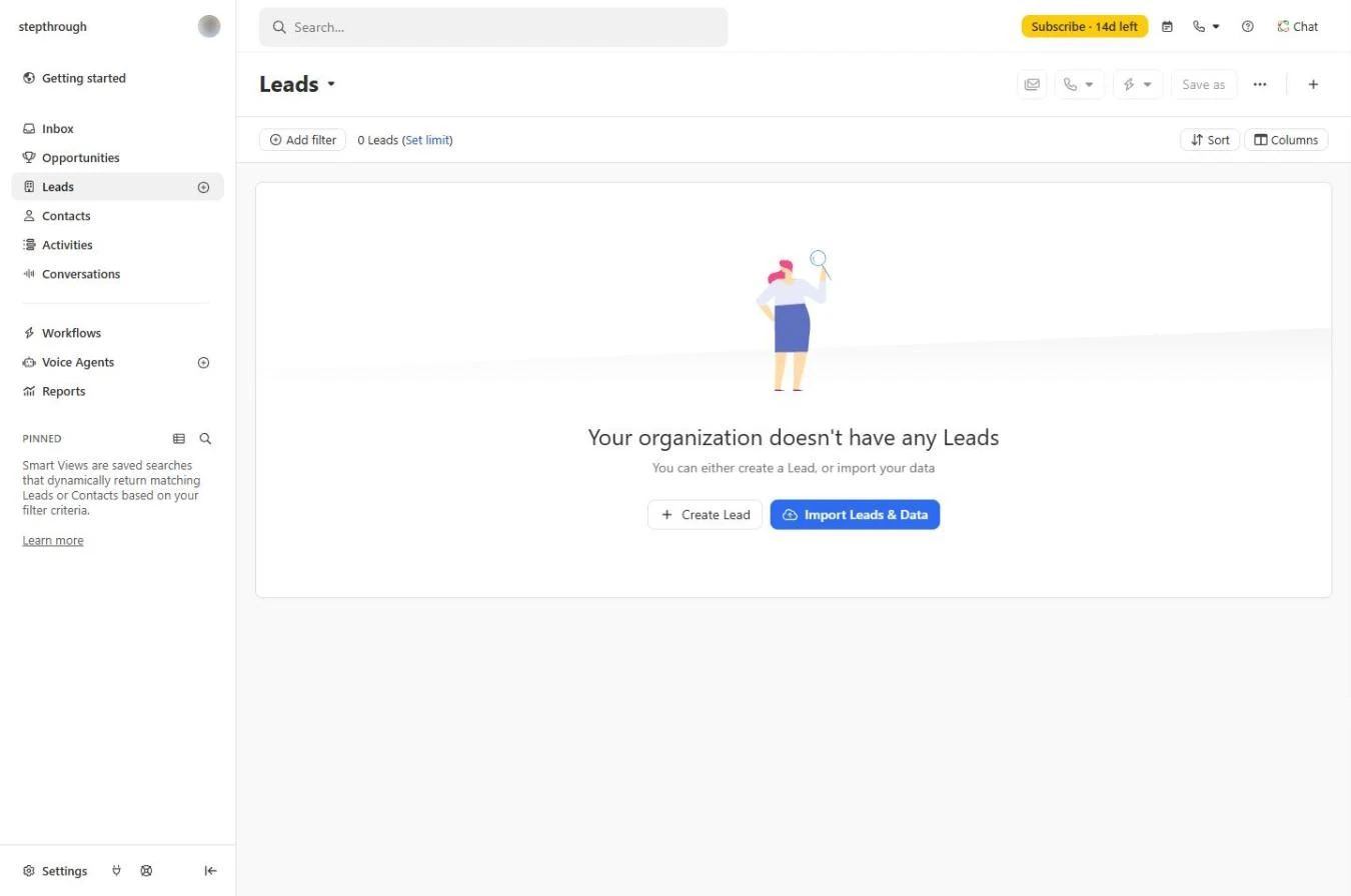 Close CRM Leads page in an empty trial organization with the Create Lead button