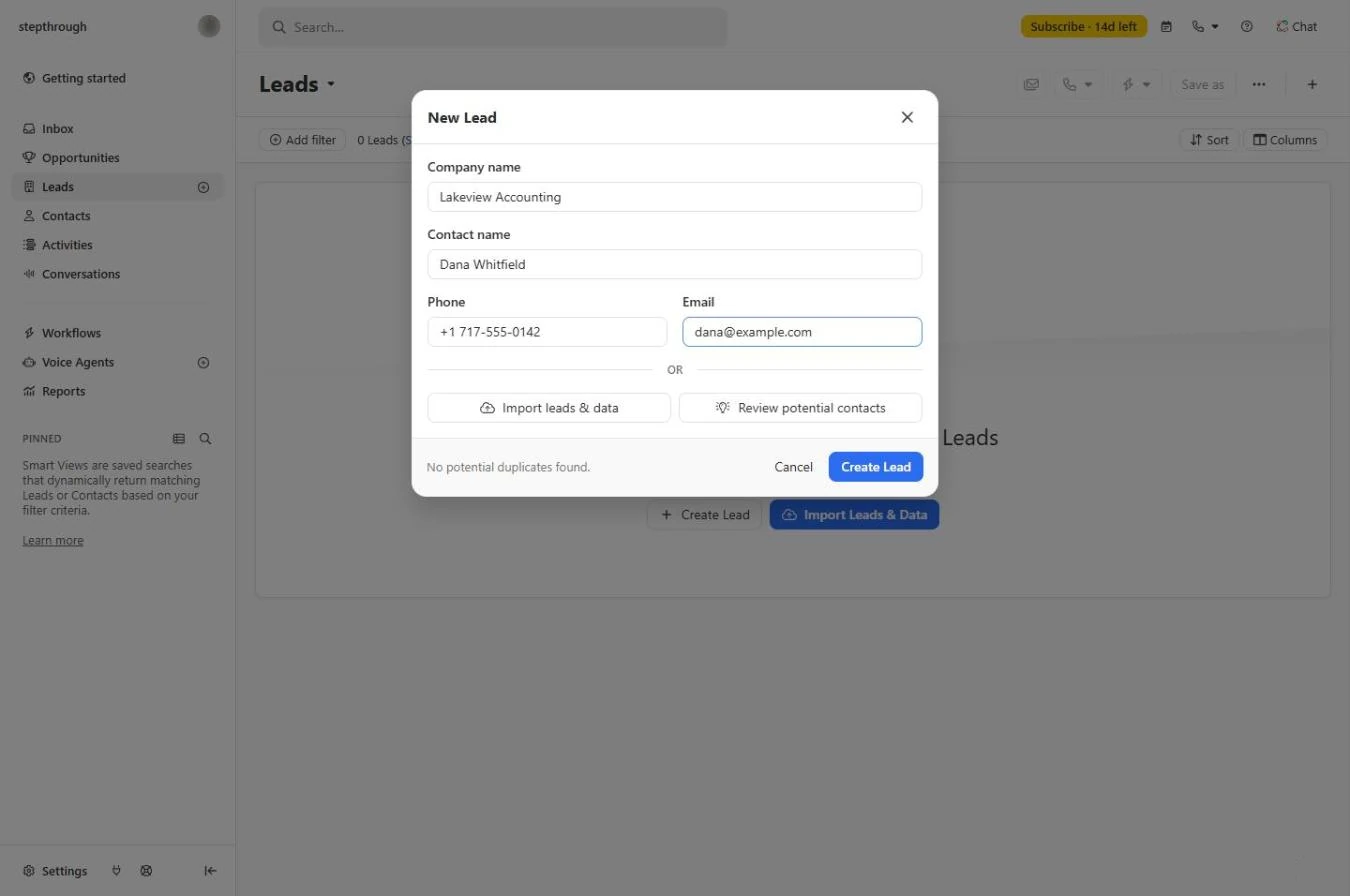 Close New Lead dialog filled with a made-up company, contact, 555 phone number and example.com email