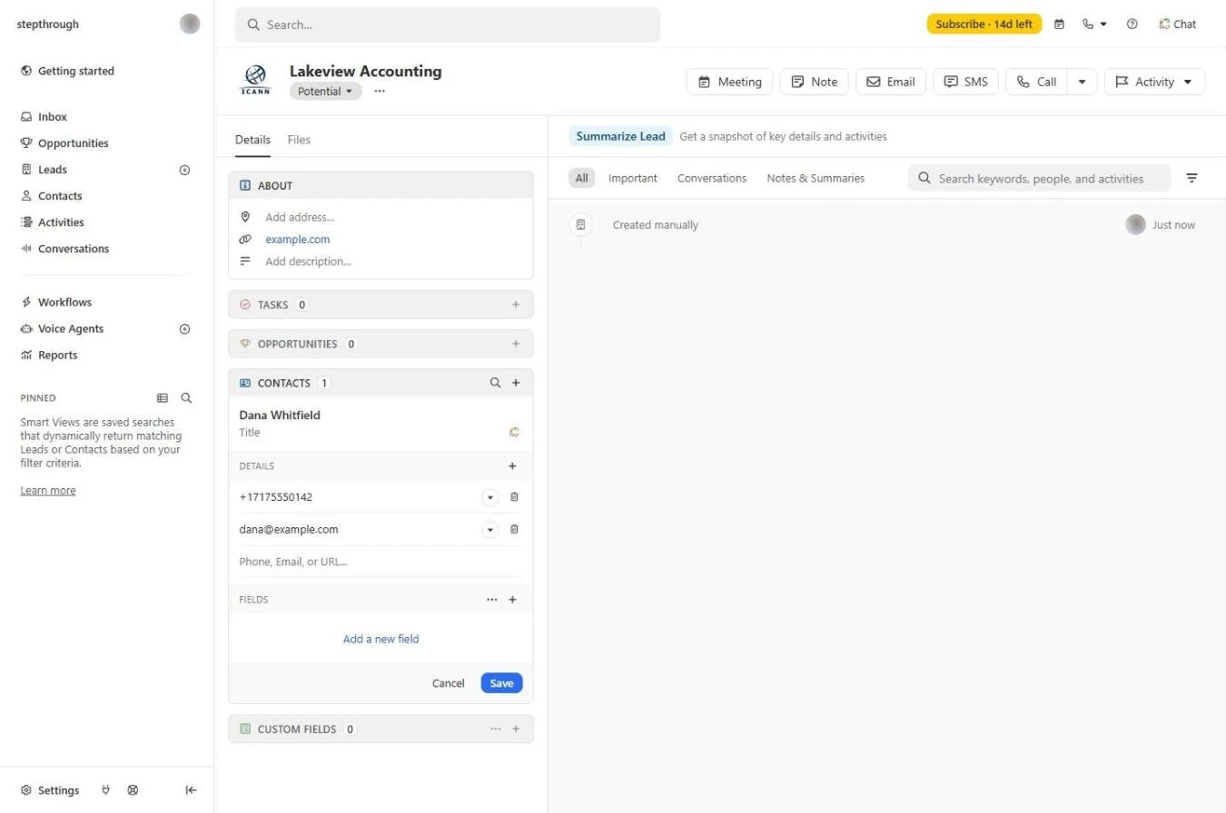 Close lead page for Lakeview Accounting (made up) with Tasks, Opportunities and Contacts on the left and the activity timeline