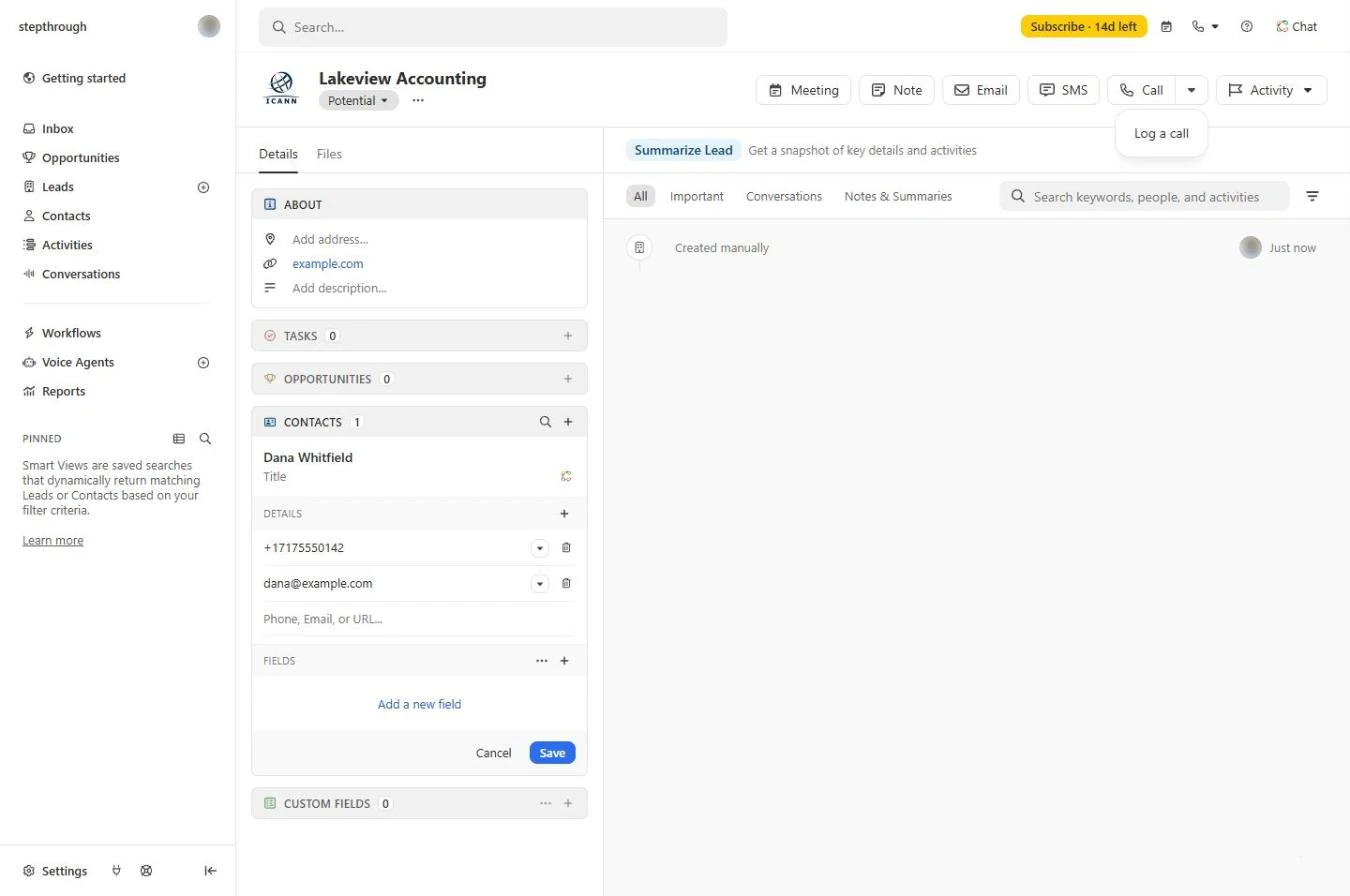 Close Call button dropdown showing Log a call
