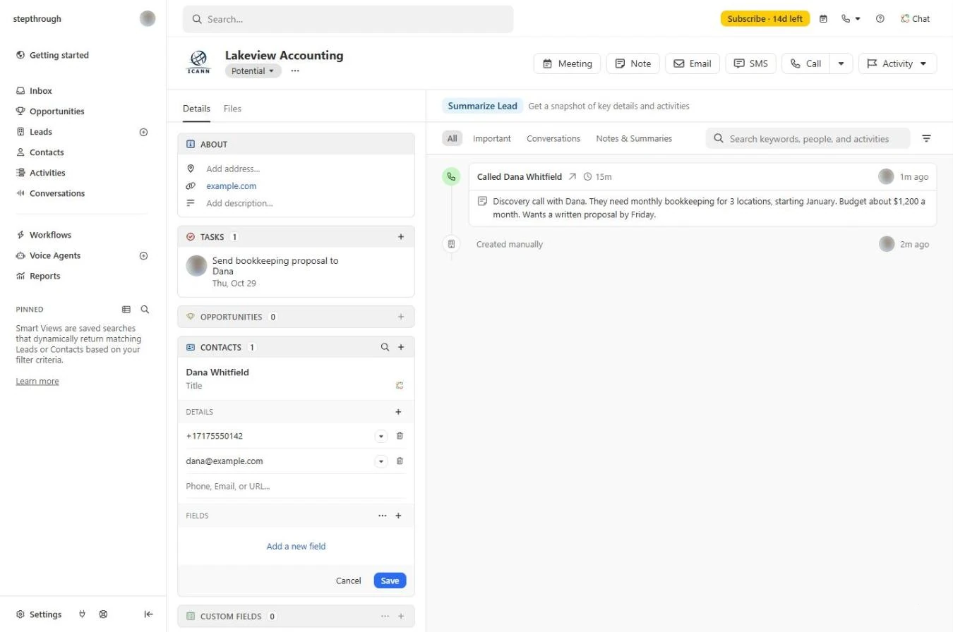 The follow-up task listed under Tasks on the Close lead page