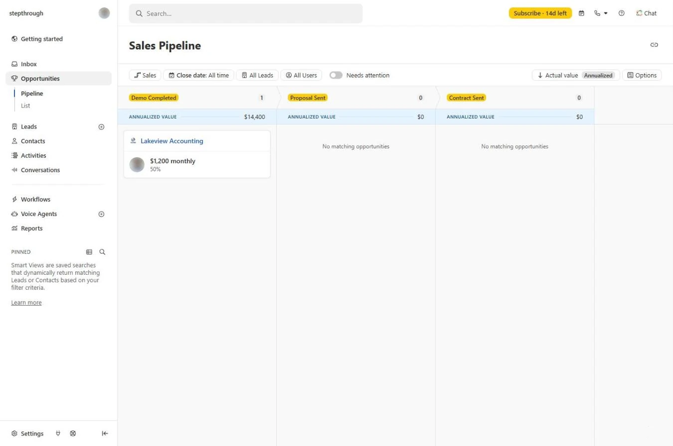 Close Sales Pipeline board with Lakeview Accounting in Demo Completed