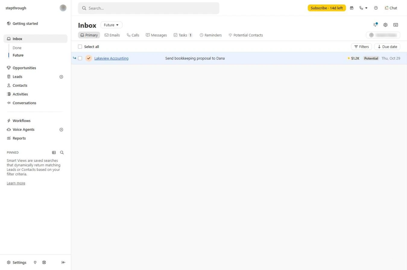 Close Inbox Future view with the follow-up task due Thu, Oct 29