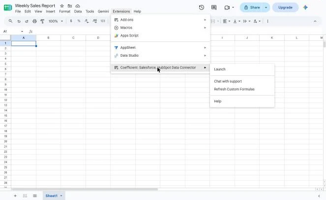 The Weekly Sales Report sheet with the Extensions menu open on the Coefficient add-on and its Launch option highlighted