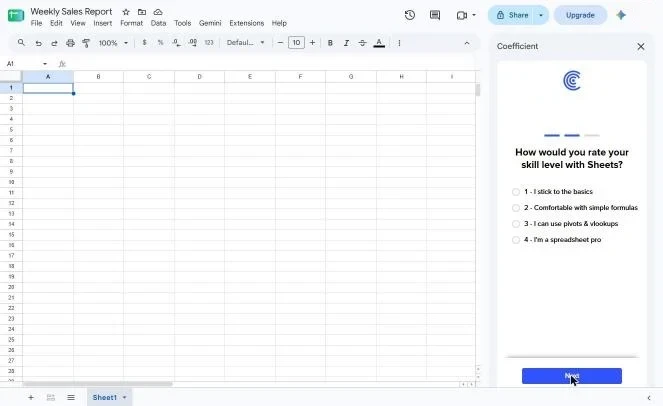 Coefficient's question How would you rate your skill level with Sheets, with four choices from I stick to the basics to I'm a spreadsheet pro, and a Next button