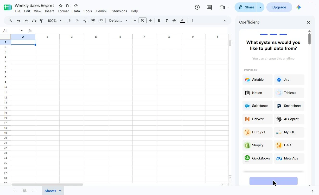 Coefficient's What systems would you like to pull data from list showing Airtable, Jira, Notion, Tableau, Salesforce, Smartsheet, HubSpot, MySQL, Shopify, GA4, QuickBooks and Meta Ads, with a Next button
