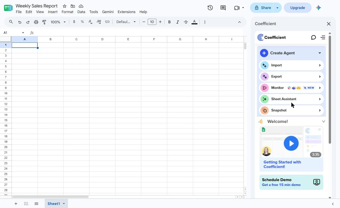 The Coefficient panel in Google Sheets listing Create Agent, Import, Export, Monitor, Sheet Assistant and Snapshot