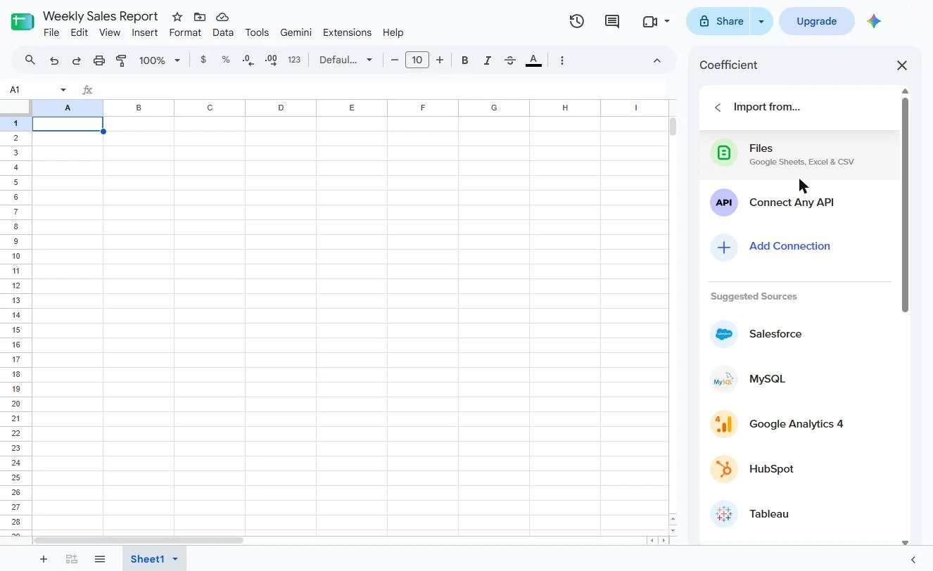 Coefficient's Import from list with Files (Google Sheets, Excel and CSV), Connect Any API, Add Connection and suggested sources such as Salesforce and HubSpot