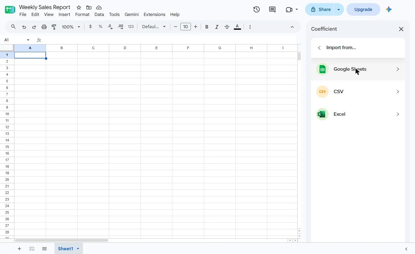 Coefficient's Files choices: Google Sheets, CSV and Excel