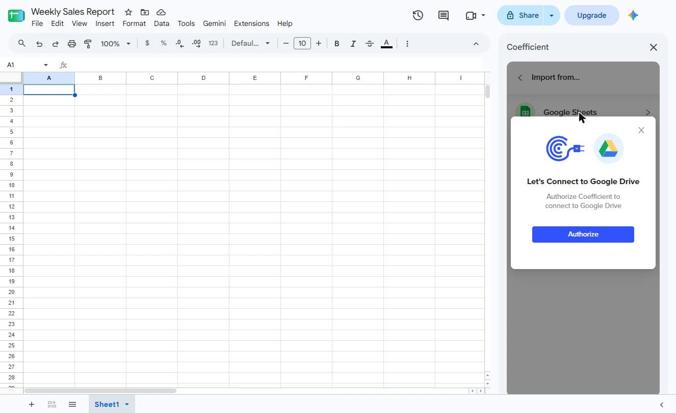 Coefficient's Let's Connect to Google Drive box asking you to authorize Coefficient, with an Authorize button