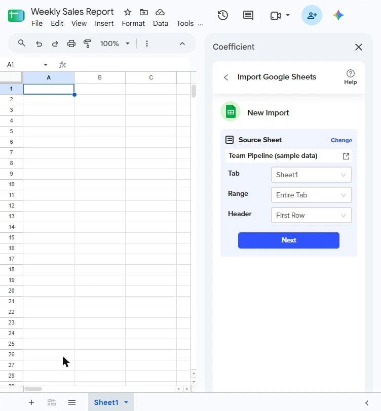 Coefficient's Import Google Sheets panel with the source sheet Team Pipeline (sample data), Tab Sheet1, Range Entire Tab, Header First Row and a Next button