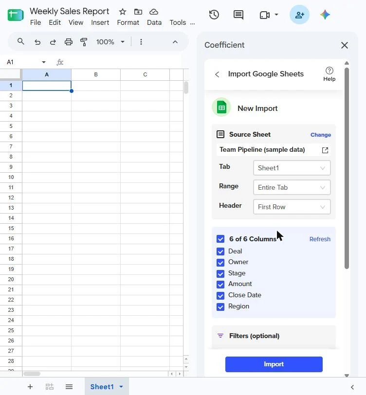 Coefficient's column checklist reading 6 of 6 Columns with Deal, Owner, Stage, Amount, Close Date and Region ticked, an optional Filters section and an Import button