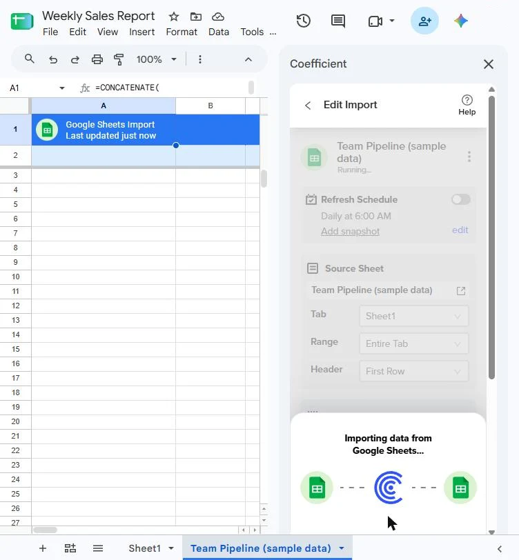 Coefficient importing data from Google Sheets, with a new Team Pipeline (sample data) tab and a header row reading Google Sheets Import, Last updated just now